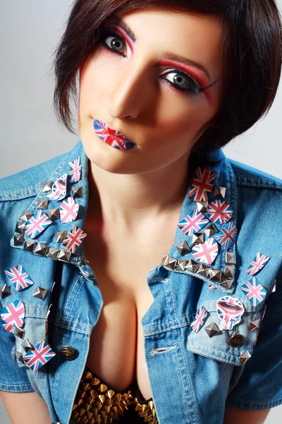 Britain flag on her lips — Stock Photo, Image