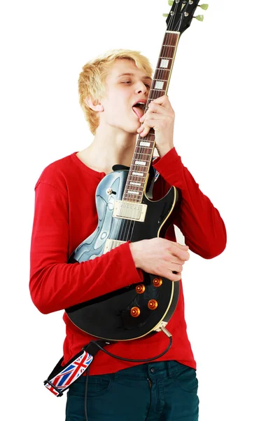 Man likken elektrische gitaar — Stockfoto