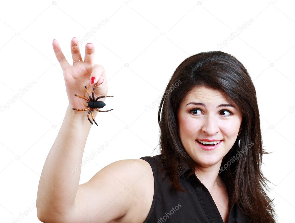 woman with a plastic spider