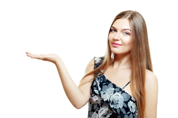 Woman standing open palm — Stock Photo, Image