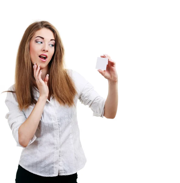 Woman holds card — Stock Photo, Image