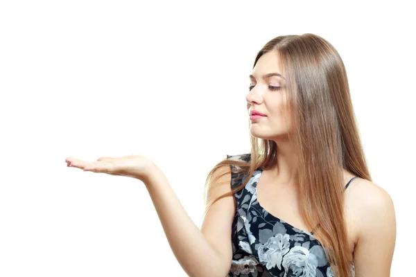 Woman standing open palm — Stock Photo, Image