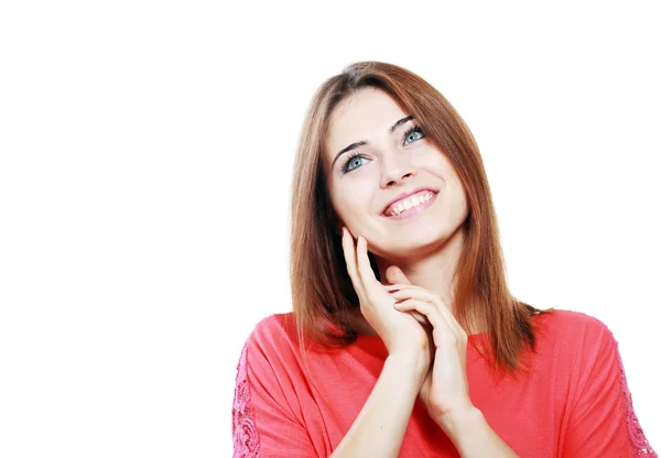 Mulher olhando para cima sorrindo — Fotografia de Stock