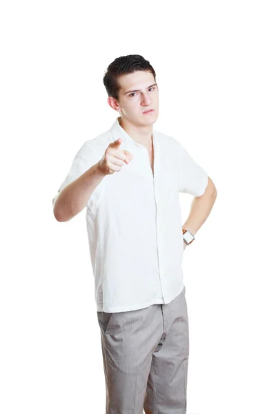 Ung man pekar ett finger — Stockfoto