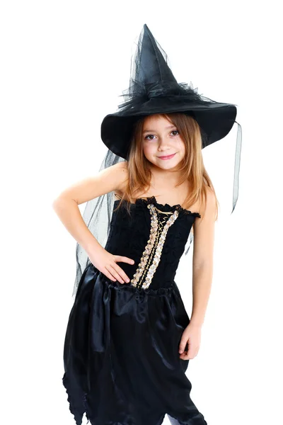 Menina em traje de bruxa halloween — Fotografia de Stock