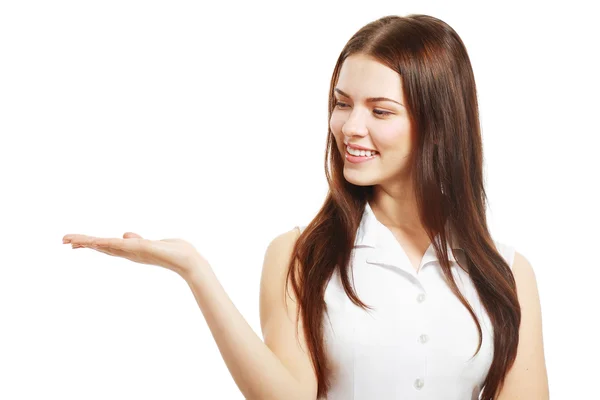 Mujer mostrando área en blanco —  Fotos de Stock