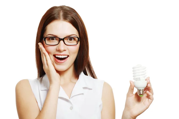 Mujer en gafas celebración lámpara — Foto de Stock