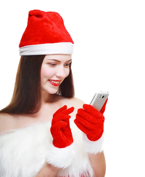 Santa Girl with Cell Phone — Stock Photo, Image