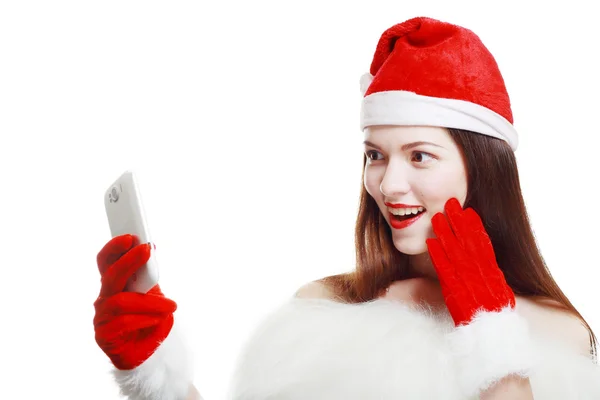 Santa Girl with Cell Phone — Stock Photo, Image