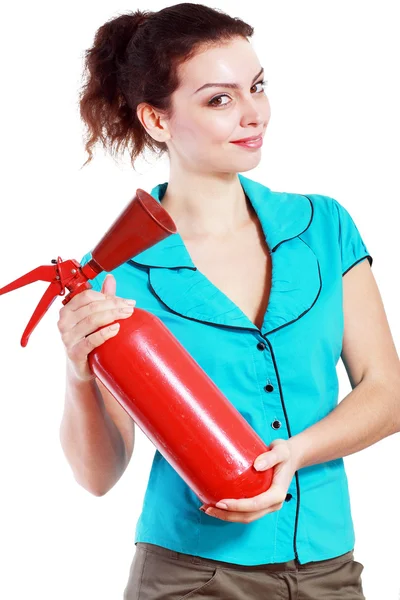 Mulher segurando extintor — Fotografia de Stock