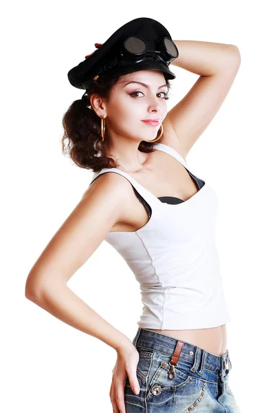 Girl in a military cap and steampunk goggles — Stock Photo, Image