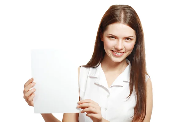 Woman holds out a blank A4 card — Stock Photo, Image