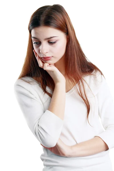 Frau mit Hand auf Kopf denkend — Stockfoto