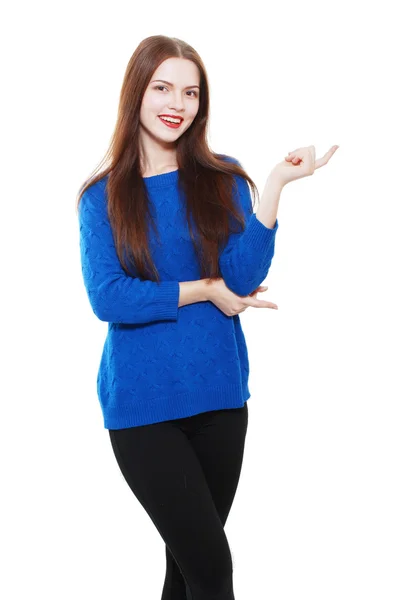 Donna in maglione blu a punta — Foto Stock