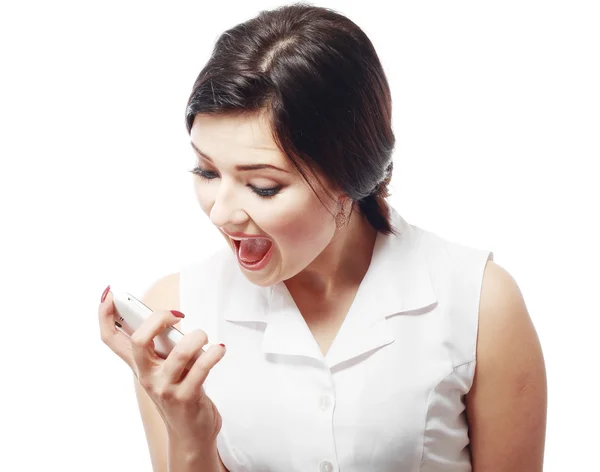 Hispanic woman holding her cell in her hand — Stock Photo, Image