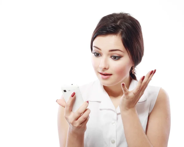 Worried woman hold cell — Stock Photo, Image