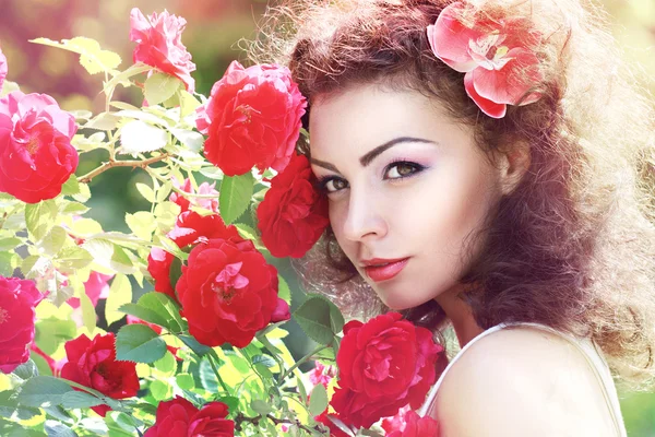 Red roses woman — Stock Photo, Image