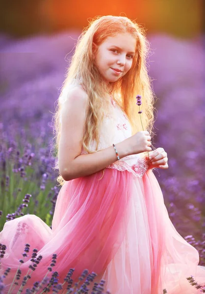 Beautifl Menina Vestido Rosa Desfrutar Verão Lavanda Campo — Fotografia de Stock