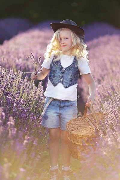 Beautifl Little Girl Cowboy Hat Enjoy Summer Lavender Field — Stock Photo, Image