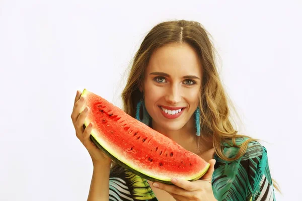 Portrait Beautiful Smiling Woman Holding Watermelon Her Arms Posing Next — Fotografia de Stock