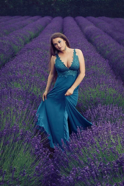 Beautiful Happy Woman Dancing Lavender Field — Stockfoto