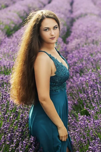 Beautiful Long Hair Woman Evenig Gown Dress Lavender Field — Foto Stock
