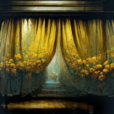 Another world curtain entrance scene theatre. Illustraion AI generated altered and edited by human.