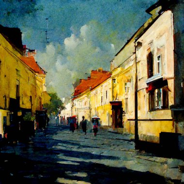 watercolor painting of old european city or town abstract vision of Trnava by artificial intelligence altered finished with brushstrokes