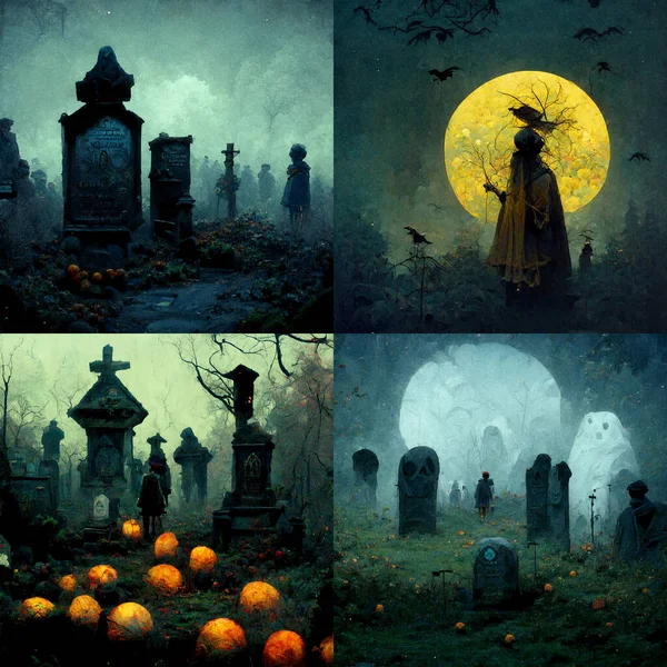 Spooky Halloween illustration set Graveyard, witch, pumpkin and ghousts. AI generated images altered and composed