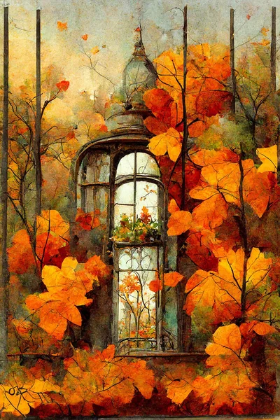 Abstract Autumn Illustration Window Tiffany Styled Glass — Stock fotografie