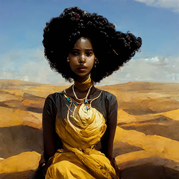 Digital Painting African Woman Yellow Dress Desert — Foto Stock