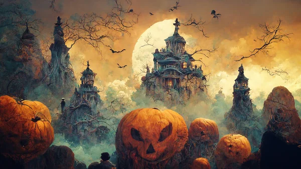 Dramatic Haloween Landscape Digital Painting Scary Houses Pumpkins Generated — Stockfoto