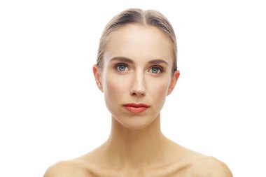 Portrait of beautiful woman with natural makeup isolated over white background