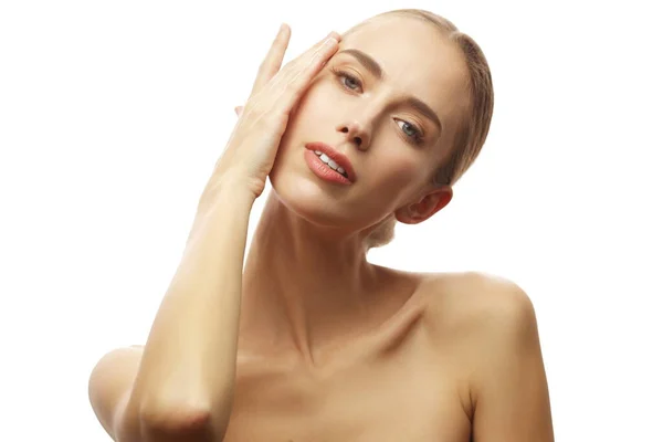 Portrait Beautiful Sensual Woman Natural Makeup Holding Hand Her Face —  Fotos de Stock