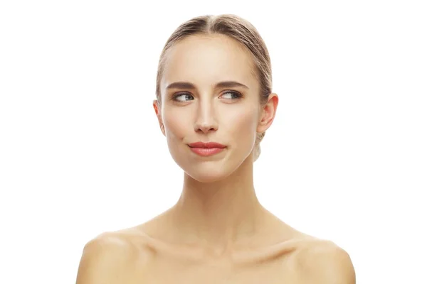 Beautiful Cunning Woman Looking Natural Makeup Isolated White Background — 스톡 사진
