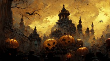 Dramatic Haloween landscape digital painting with scary houses and pumpkins ai generated