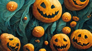 Dramatic Haloween landscape digital painting with scary houses and pumpkins ai generated