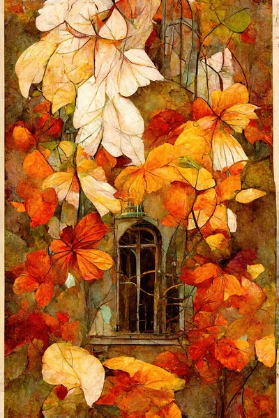 Abstract Autumn Illustration Window Tiffany Styled Glass — 图库照片
