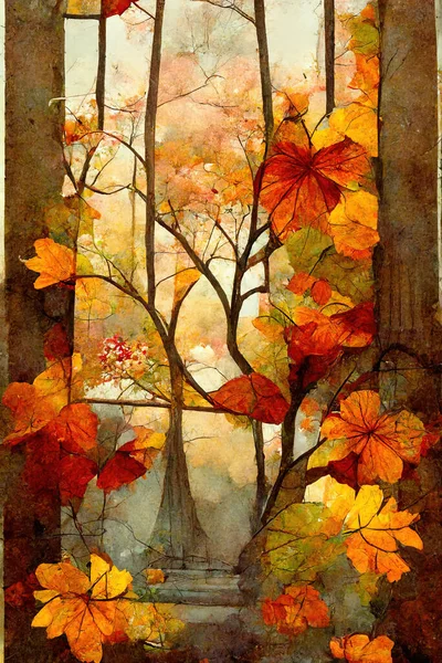Abstract Autumn Illustration Window Tiffany Styled Glass — 图库照片