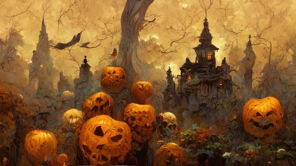 Dramatic Haloween Landscape Digital Painting Scary Houses Pumpkins Generated — Stockfoto