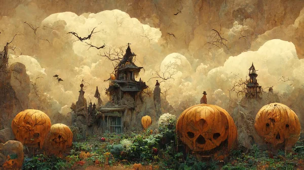 Dramatic Haloween Landscape Digital Painting Scary Houses Pumpkins Generated — Stockfoto