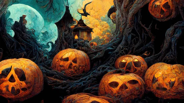 Dramatic Haloween Landscape Digital Painting Scary Houses Pumpkins Generated — Zdjęcie stockowe