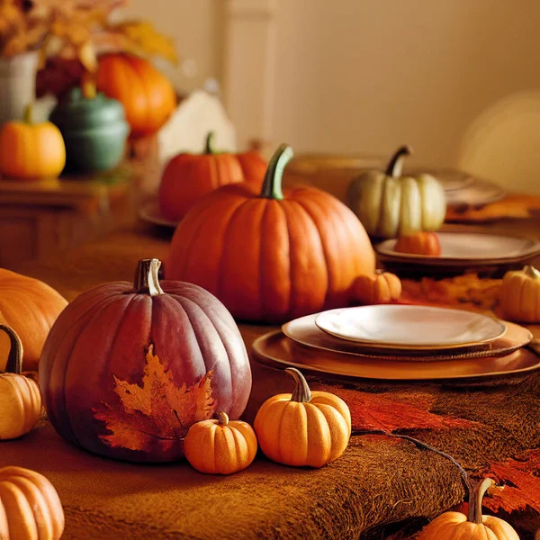 Traditional Thankgiving Celebration Pumpkins Cosy Home Romantic Rustic Dinner — Stock Photo, Image