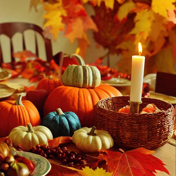 Traditional Thankgiving Celebration Pumpkins Cosy Home Romantic Rustic Dinner — Stock Photo, Image