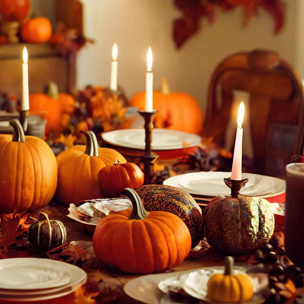 Traditional Thankgiving Celebration Pumpkins Cosy Home Romantic Rustic Dinner Stock Image