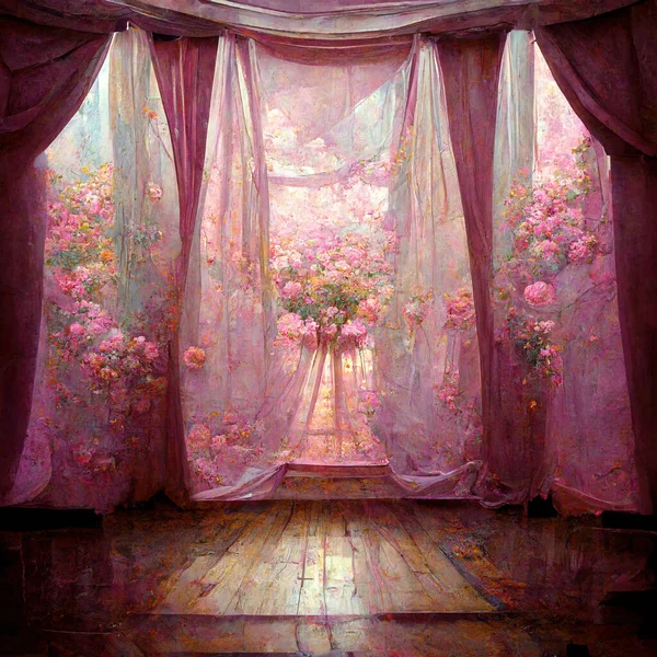 用粉色透明窗帘从窗户向外看开花花园的室内景观 — 图库照片