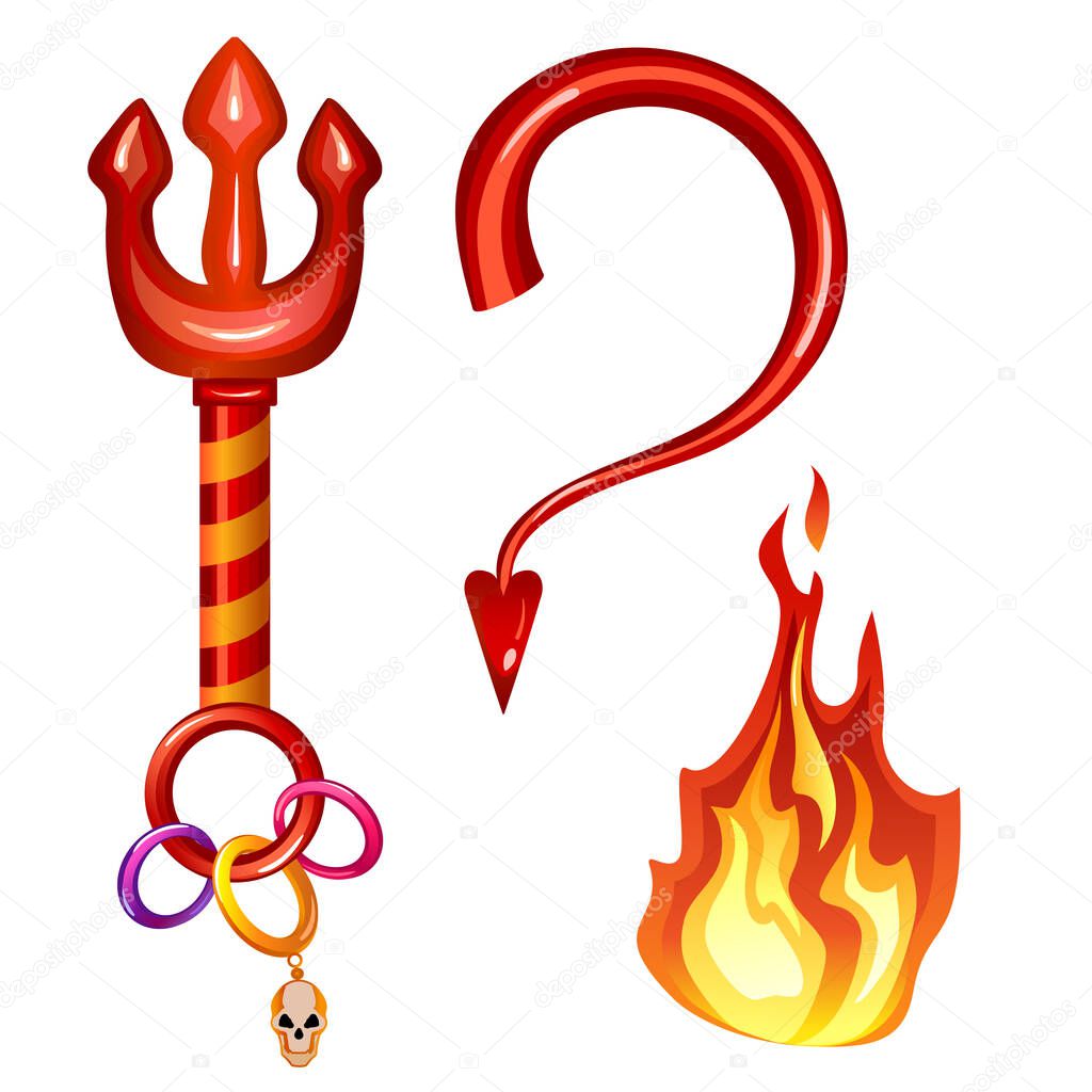 Objects on white background: toy, rattle, devil's tail, fire, skul
