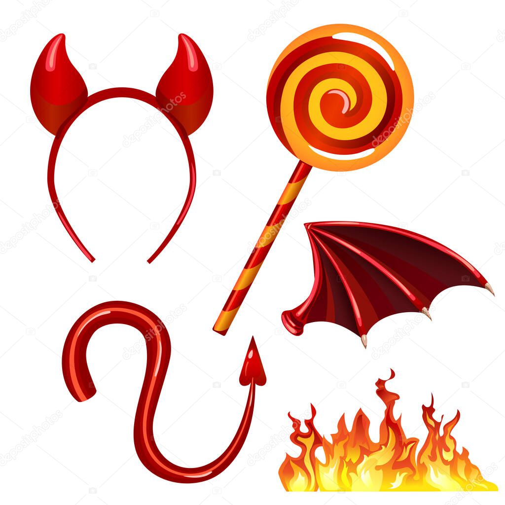 devilish set of items: tail, wings, fire, candy, wings on a white background