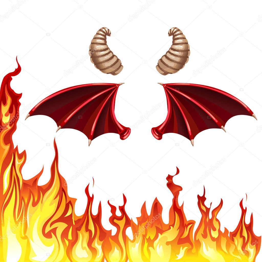 Objects for halloween: fire, horns, wings on a white background