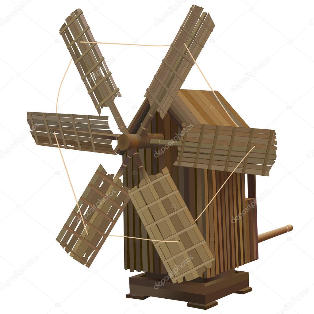 wooden old windmill isolated on white background, vector